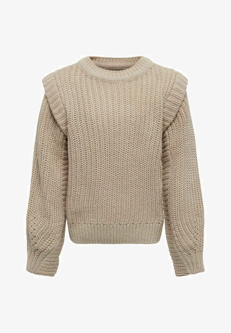 Pull beige en grosse maille avec manches longues bouffantes, poignets côtelés, ourlet et encolure ronde.