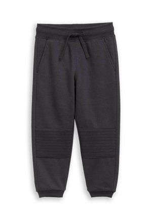 Schwarze Jogginghose mit gerippten Bündchen, Fronttaschen, einem Taillen-Kordelzug und gepolsterten Knienähte mit horizontaler Steppung.