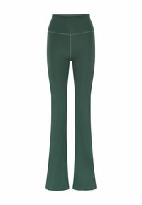 High-rise, donkergroene, nauwsluitende yogabroek met uitlopende pijpen en zichtbare stiksels langs de taille en voorste naden.