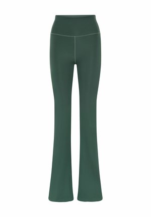 Vysoký pás, tmavozelené priliehavé jogové nohavice s rozšírenými nohavicami a viditeľným šitím pozdĺž pása a predných švov.