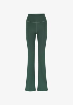 Vysoký pás, tmavozelené priliehavé jogové nohavice s rozšírenými nohavicami a viditeľným šitím pozdĺž pása a predných švov.