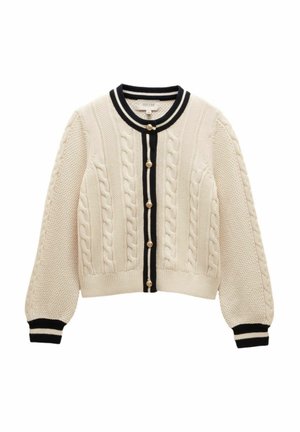 Cream cable-knit cardigan with black and white striped trim and gold buttons down the front, featuring textured knit sleeves.