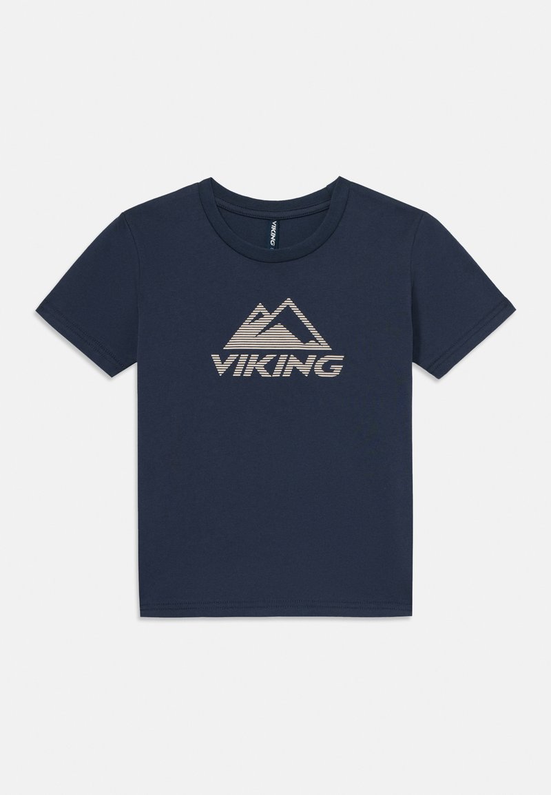Tamsiai mėlynas medvilnės marškinėliai su apykakle, su smėlio spalvos kalnų logotipu ir stilizuotu užrašu "VIKING" žemiau. Lygus paviršius.