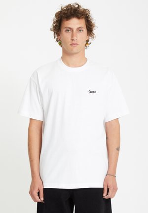 White cotton t-shirt with short sleeves, featuring a small black logo on the chest. Straight cut and soft texture.