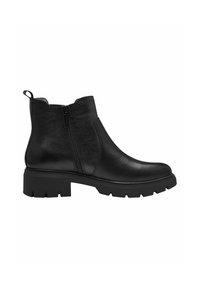 Black leather ankle boot with a textured finish, a side zipper for easy wear, and a chunky rubber sole for added traction.