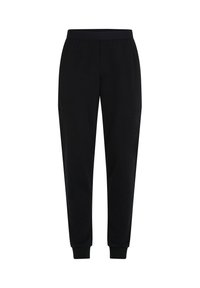 Schwarze schmal zulaufende Jogginghosen mit elastischem Bund und Beinbündchen, vor einem weißen Hintergrund präsentiert.
