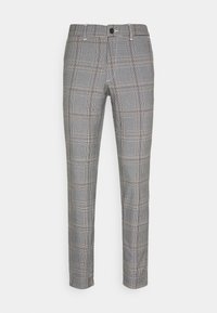 Pantalons à carreaux gris avec une coupe slim, dotés d'une fermeture à bouton, de passants de ceinture et de subtils accents en beige et noir dans l'ensemble du motif.