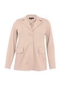 Beige blazerjacket van gladde stof, met een geribde kraag, twee steekzakken aan de voorkant en een enkele knoopsluiting.