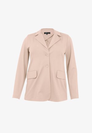 Beiger Blazer aus glattem Stoff, mit Reverskragen, zwei Fronttaschen und einer Ein-Knopf-Verschluss.