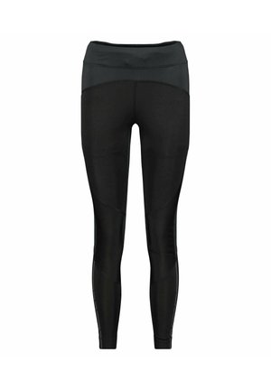 Schwarze Sportleggings mit hohem Bund, ausgestattet mit einer glatten Textur und Paneeldesigns an den Beinen für zusätzlichen Detailreichtum und eine optimale Passform.