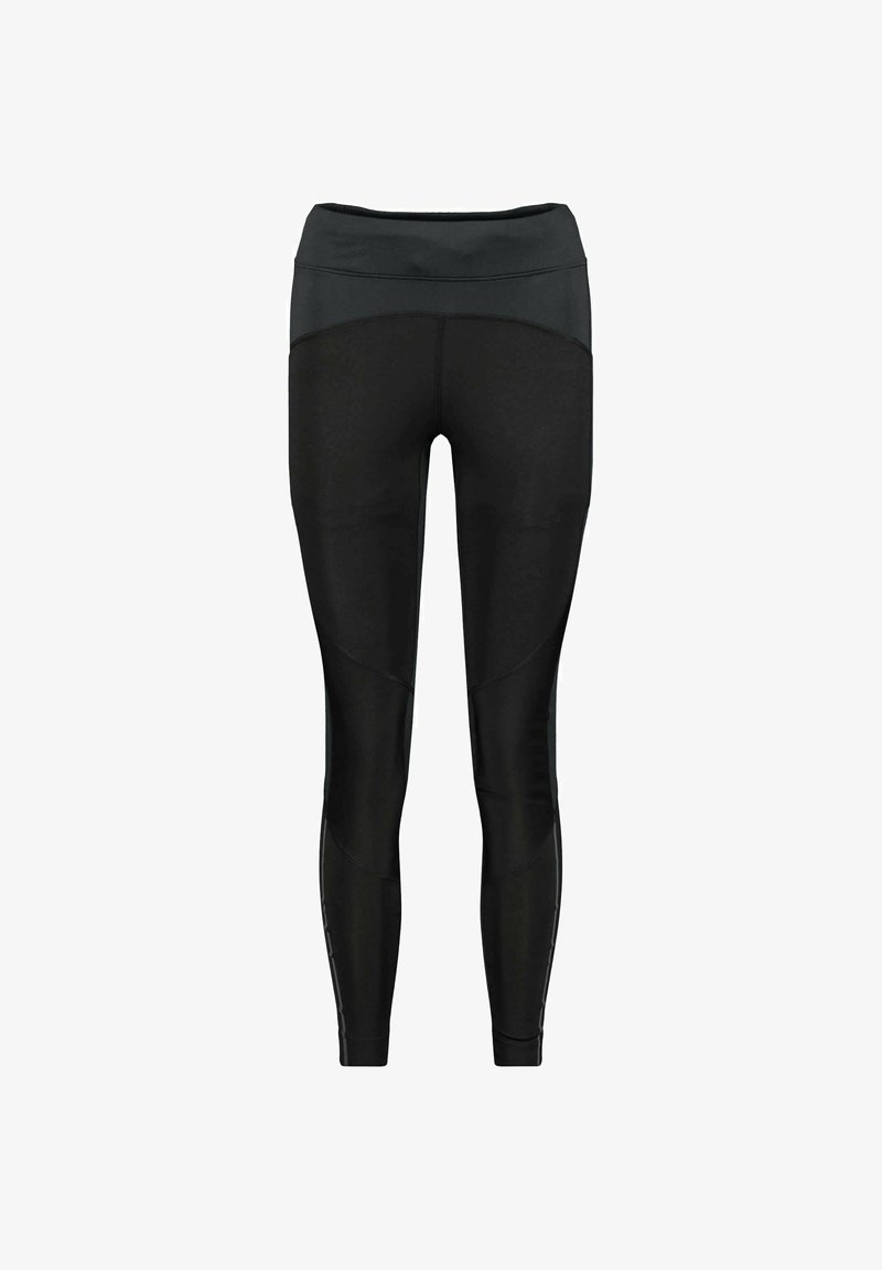 Black athletic leggings with a high waistband, featuring a smooth texture and panel designs on the legs for added detail and fit.