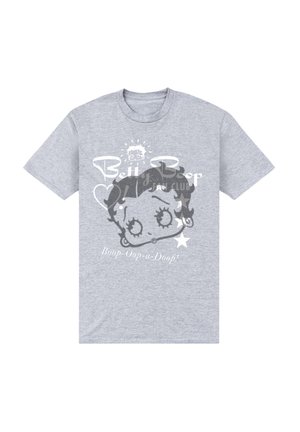 Camiseta de algodón gris con un diseño impreso de Betty Boop, que presenta ojos grandes y cabello rizado, acompañado de texto y acentos de estrellas.