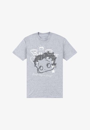 Camiseta de algodón gris con un diseño impreso de Betty Boop, que presenta ojos grandes y cabello rizado, acompañado de texto y acentos de estrellas.