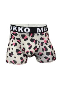 Bokserki z jasnoszarym tłem i wzorem w cętki w kolorze czarnym i różowym. Elastyczny pas z napisem "MR.UKKO" w białym kolorze.
