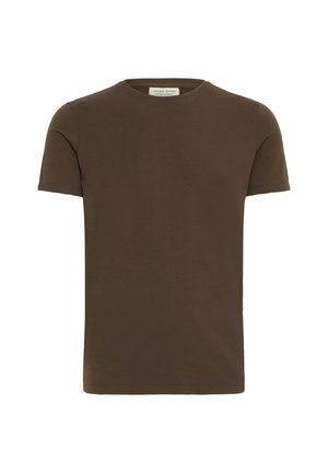 T-shirt in cotone marrone con collo tondo, maniche corte e una texture liscia. Design semplice senza motivi o accenti visibili.