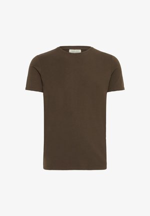 Hnedé bavlnené tričko s okrúhlym výstrihom, krátkymi rukávmi a hladkou textúrou. Jednoduchý dizajn bez viditeľných vzorov alebo akcentov.