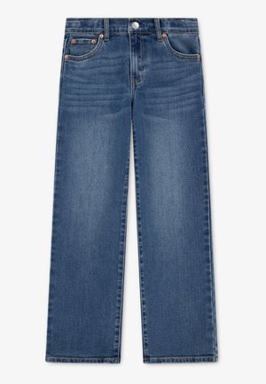 Blå vidde jeans med for- og baglommer, knaplukning og bæltestropper.