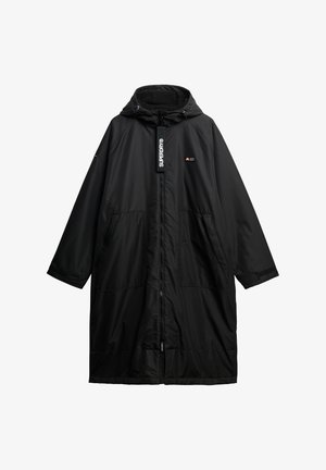 Schwarzer, länglicher Regenmantel aus leichtem, strukturiertem Stoff. Verfügt über eine Kapuze, einen Reißverschluss, zwei Vordertaschen und Logodetails.