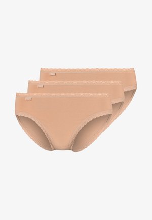 Culottes en coton beige avec dentelle, comprenant trois paires au design classique et une texture lisse et douce.