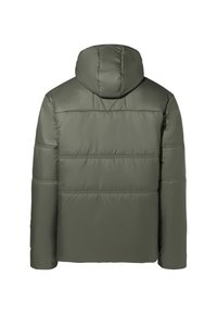 Gevoerde groene jas met capuchon, met een gladde textuur, horizontale stiksels en geribbelde manchetten. De achterkant toont een strak ontwerp.