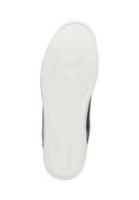 Sole di scarpa nera con outsole in gomma bianca, caratterizzata da una superficie texturizzata e dettaglio a freccia. Bordo liscio e chiaro modello di grip.