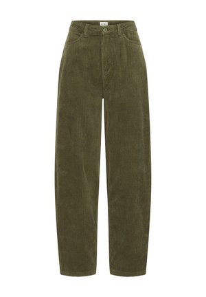 Pantalon en velours côtelé vert olive à taille haute, jambe droite et texture distincte à côtes verticales. Dispose de poches avant et d'une fermeture à bouton.