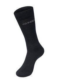 Calcetín de algodón negro con puño acanalado y textura suave. Presenta un logo en la parte superior. Diseño clásico adecuado para el uso diario.