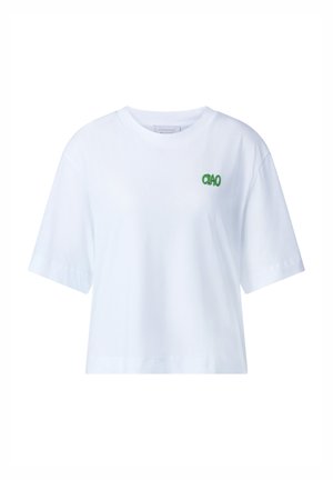 T-shirt bianca in cotone con maniche corte, vestibilità comoda e dettaglio ricamato "CIAO" in verde sul lato sinistro del petto.