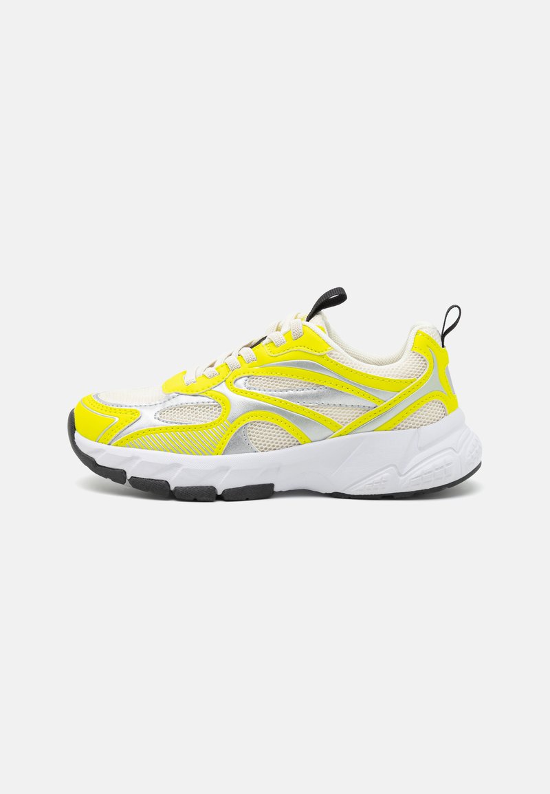 Yellow and white athletic shoes with mesh upper, silver accents, textured sole, and black details. Designed for comfort and support.