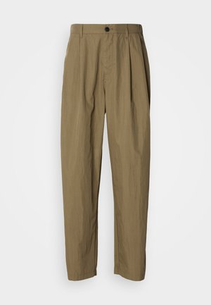 Khaki-colored straight-leg trousers with pleats, belt loops, and a single black button at the waist, displayed on a white background.