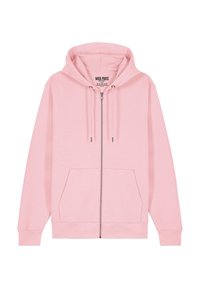 Haut à capuche zippé rose clair fabriqué en tissu mélangé en coton. Il dispose d'une grande poche avant, d'une capuche avec cordon de serrage et de poignets et d'un ourlet ribdés.