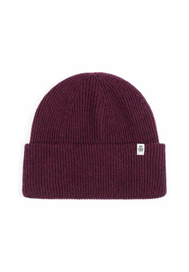Burgundy knitted beanie hat with a folded brim, featuring a textured ribbed pattern. Includes a small branded label on the side.