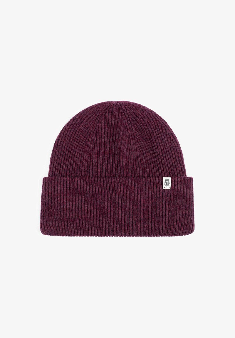 Burgundy knitted beanie hat with a folded brim, featuring a textured ribbed pattern. Includes a small branded label on the side.
