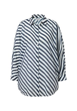 Camicia con bottoni caratterizzata da strisce diagonali blu navy e bianche, colletto classico, vestibilità ampia con maniche lunghe e polsini con bottone.