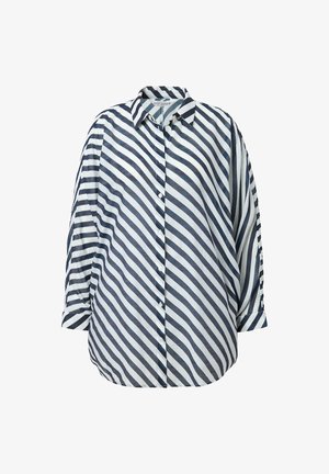 Camicia con bottoni caratterizzata da strisce diagonali blu navy e bianche, colletto classico, vestibilità ampia con maniche lunghe e polsini con bottone.