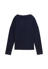 Pull en tricot bleu marine à manches longues, décolleté large et couture centrale au dos. Texture douce et coupe décontractée.