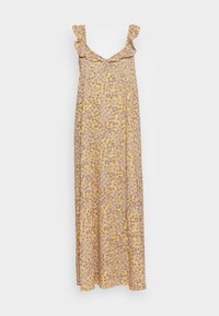 Robe longue en tissu jaune avec un motif floral en violet et blanc. Caractérisée par des bretelles à volants et un corsage ajusté. Jupe fluide.