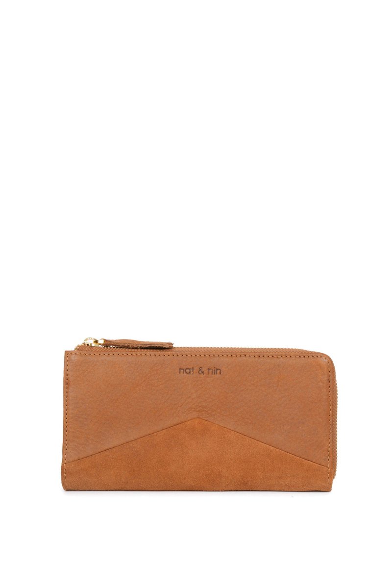 Brun läder- och mockaplånbok med dragkedja runtom och "nat & nin"-logotyp präglad på framsidan.
