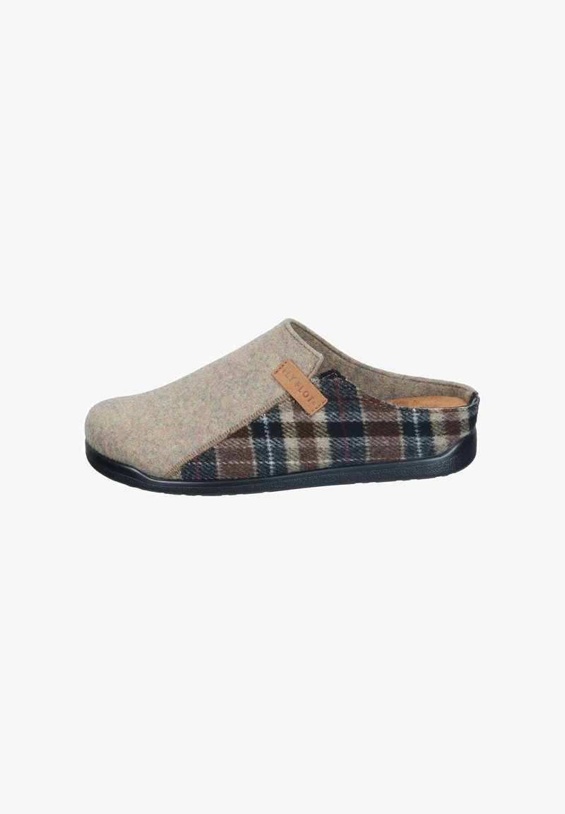 Felt slippers featuring a beige and plaid design, with a textured surface and black rubber sole; includes a leather logo accent.
