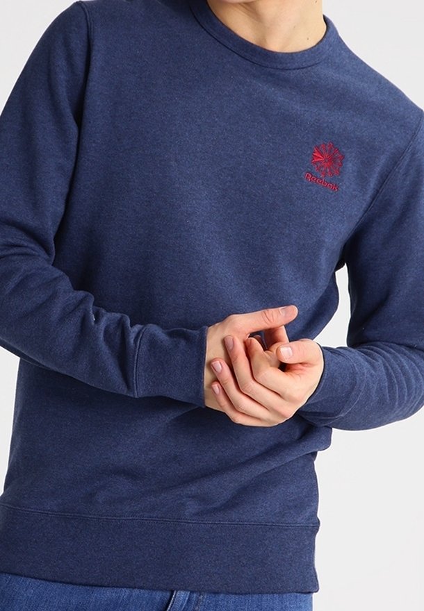 Personne portant un sweat-shirt Reebok bleu marine avec logo rouge, mains jointes à la taille, visible des épaules aux hanches.