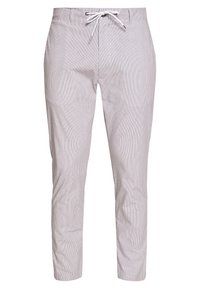 Světlé šedé slim-fit kalhoty s jemnými svislými pruhy a bílou šňůrkou na elastickém pásku, zobrazené z přední strany.