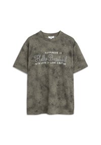 Olijfgroene katoenen T-shirt met een relaxte pasvorm, voorzien van witte en metallic zilveren tekst die zegt "Happiness is Hello Beautiful."