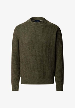 Suéter verde de punto acanalado con cuello redondo, mangas largas y acabado texturizado, elaborado con una tela suave de peso medio.