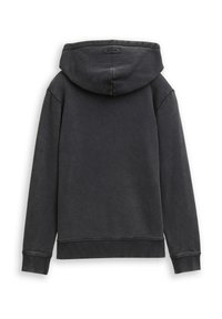 Donkergrijze katoenen hoodie met een voorzak in kangoeroestijl, ribgebreide manchetten en zoom, een trekkoordcapuchon en een subtiele textuurafwerking.