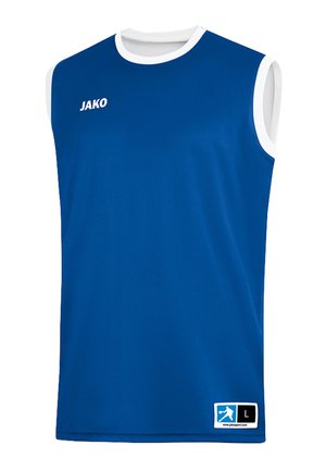 Niebieska sportowa koszulka bez rękawów z białym wykończeniem, logo JAKO na piersi i metką z rozmiarem na dolnej przedniej części z ikoną zawodnika.