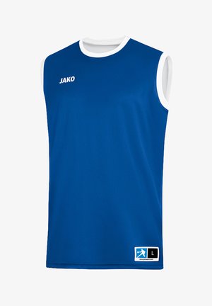 Niebieska sportowa koszulka bez rękawów z białym wykończeniem, logo JAKO na piersi i metką z rozmiarem na dolnej przedniej części z ikoną zawodnika.