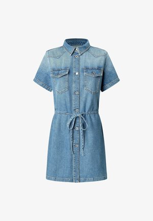 Helehulgas jeanist kleit helesinises, lühikeste varrukatega, nööbid ees, kaks rinna taskut, vööst kinnitatud sidumisega ja klassikalise kraega.