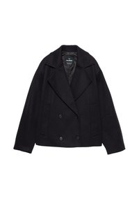 Manteau noir à double boutonnage avec grands revers, manches longues et deux poches avant. Fabriqué en tissu mélangé de laine texturé.