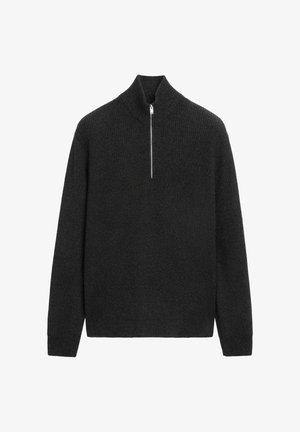 Dark gray knitted sweater with a high collar and a short zipper. Features a textured fabric and a relaxed fit. Long sleeves, minimal design.