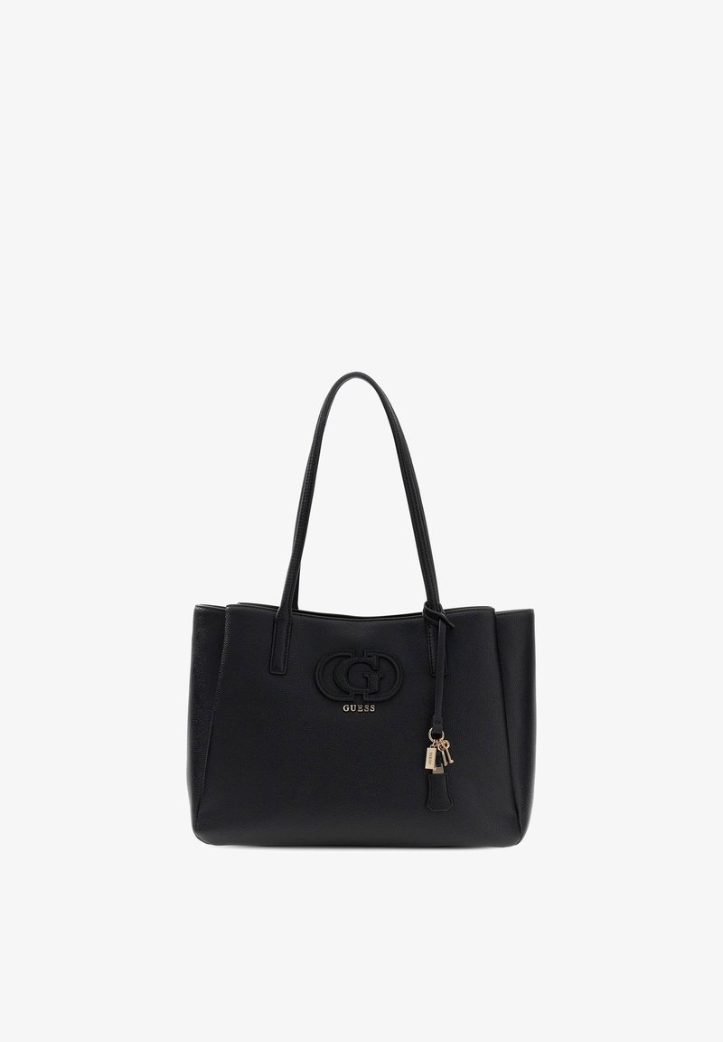 Sac à main Guess en cuir noir avec doubles poignées, logo embossé et petit porte-clés suspendu.